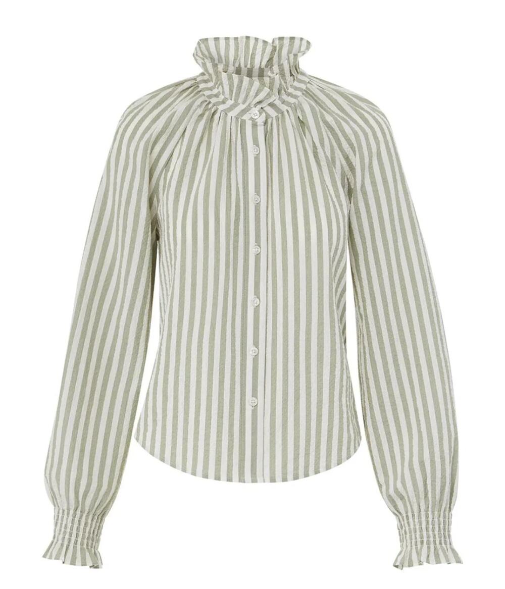 Veronica Beard Calisto Seersucker Striped Shirt Dark Sage & White
